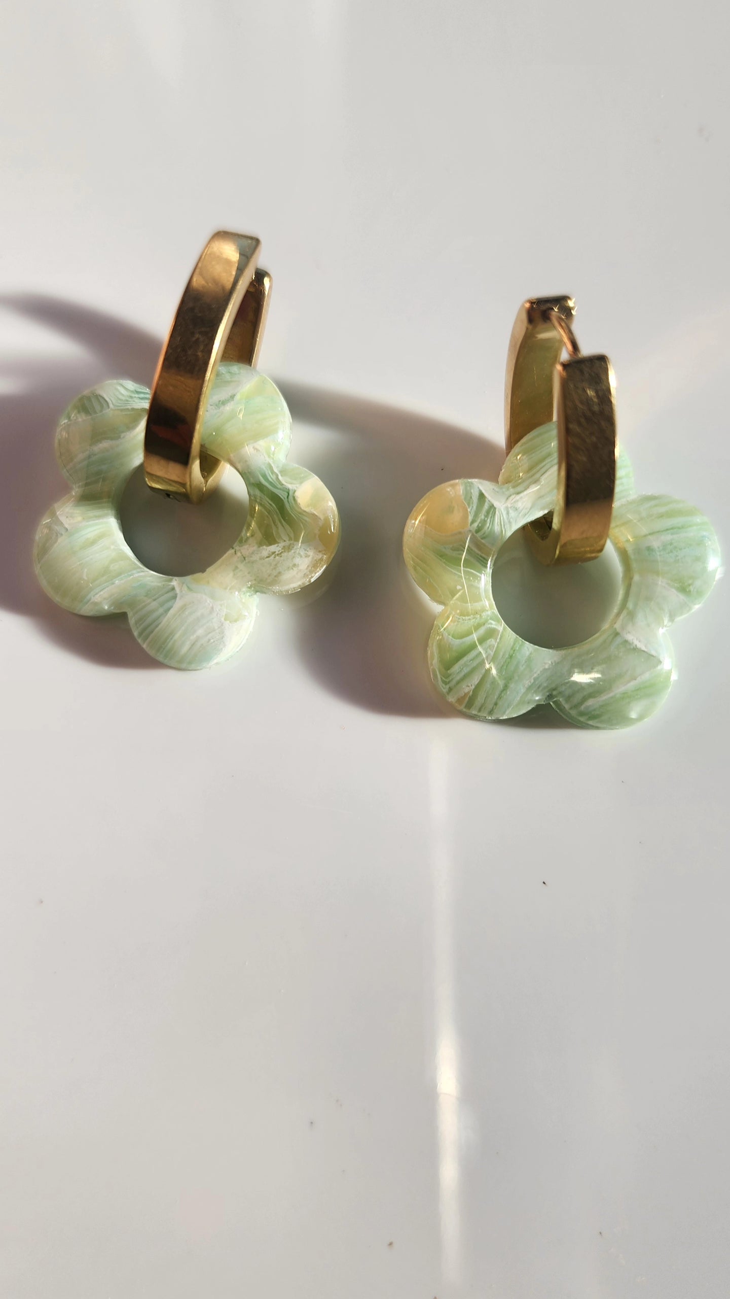 Pastel Green Faux Stone Flowers on Gold Huggies
