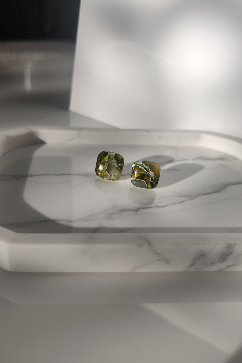 Olive Green Faux Stone Square Studs