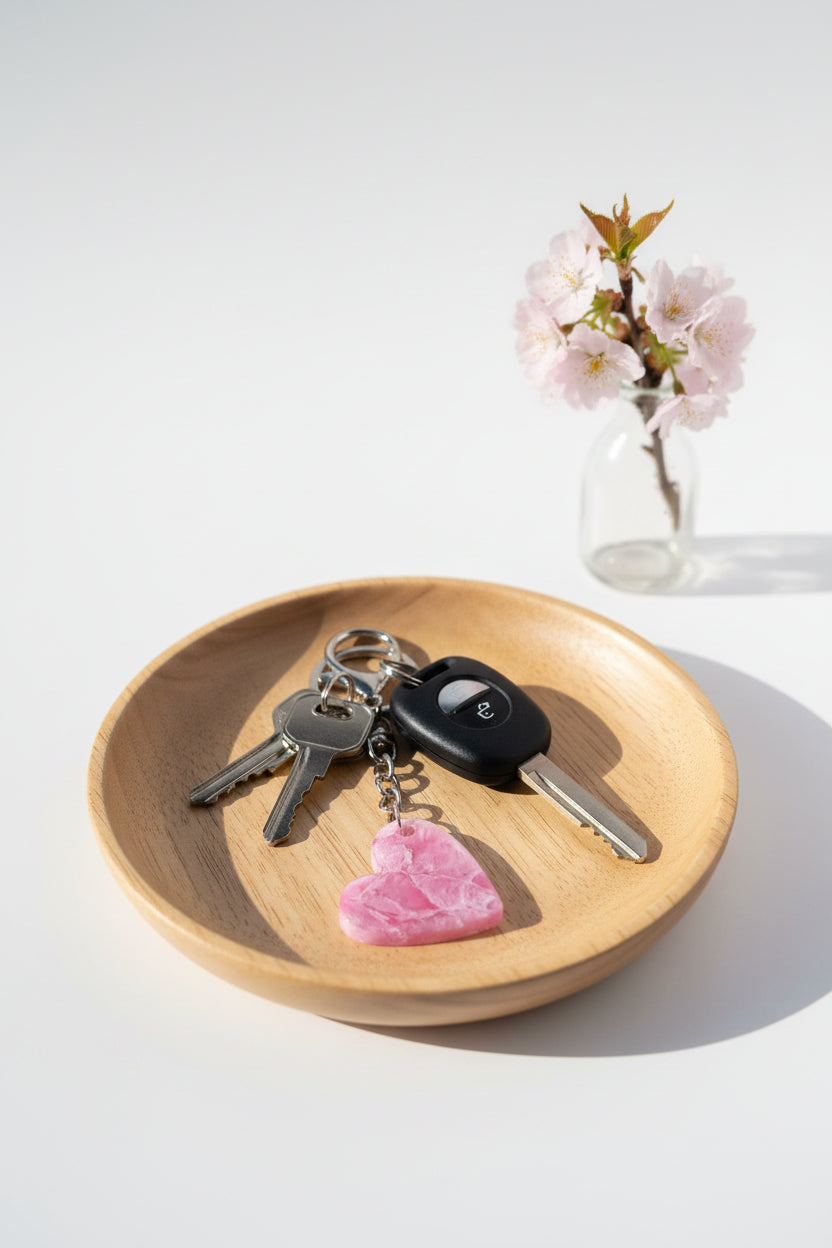 A pink heart-shaped stone keychain with a silver metal split ring and chain, resting on a white surface with a strong shadow.
