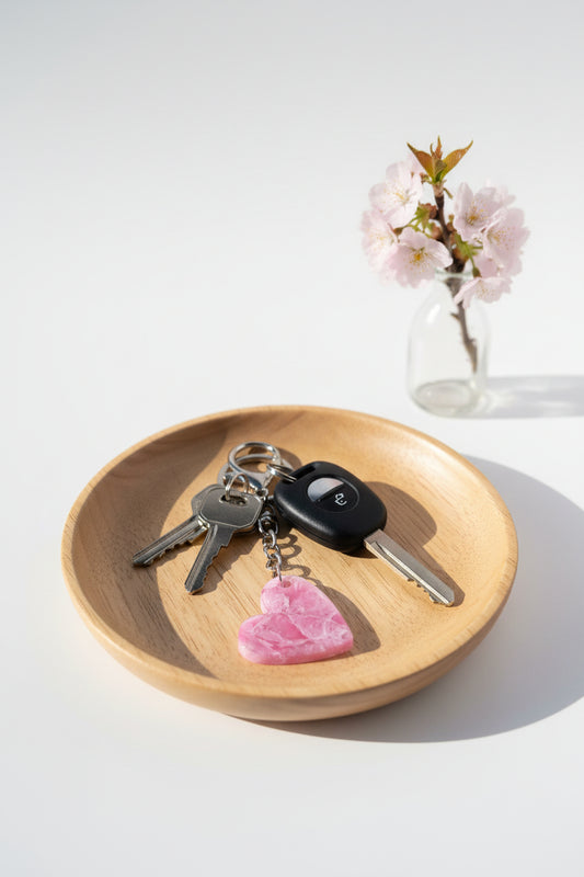 A pink heart-shaped stone keychain with a silver metal split ring and chain, resting on a white surface with a strong shadow.