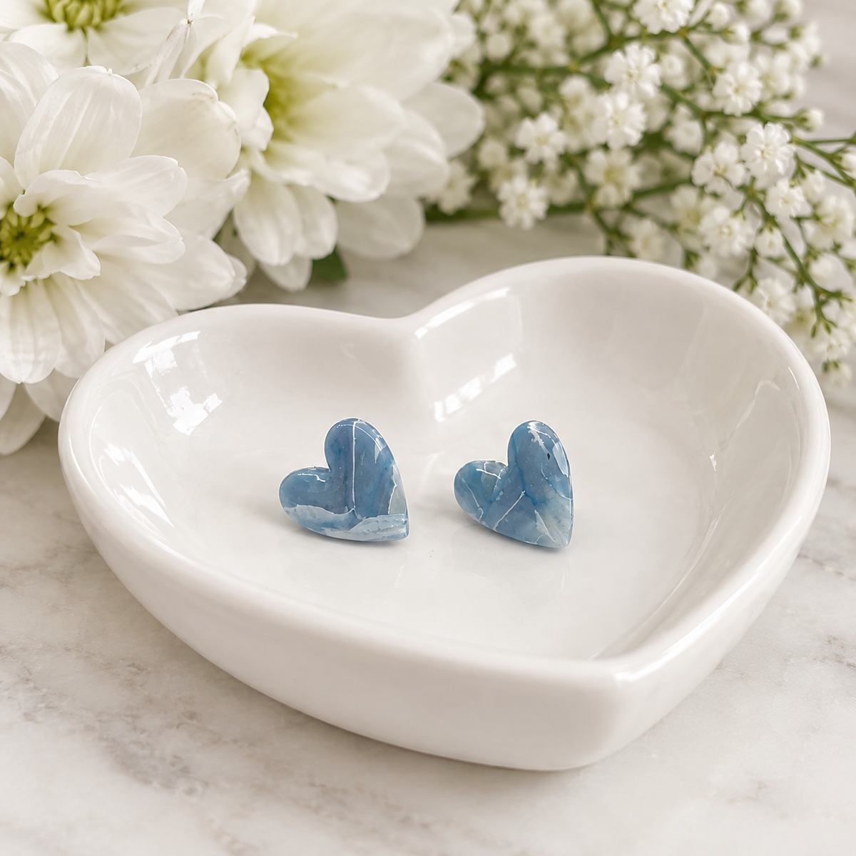 Ocean Blue Faux Stone Heart Studs