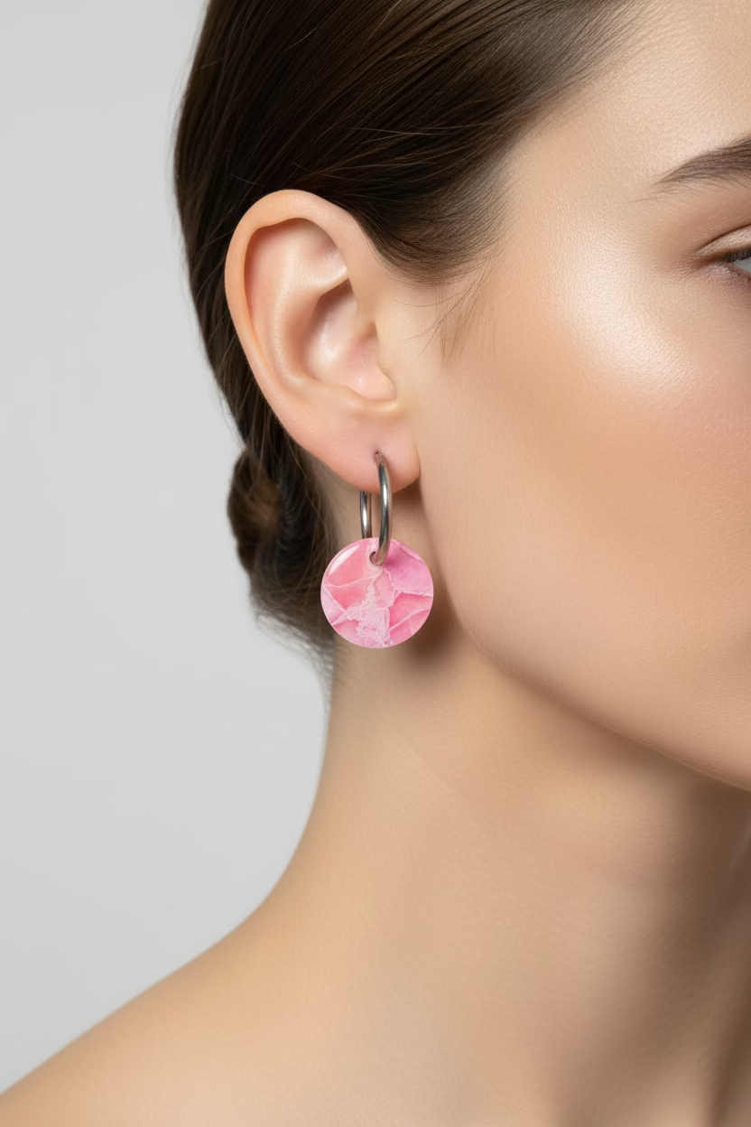Rose Quartz Discs on Round Silver Huggies