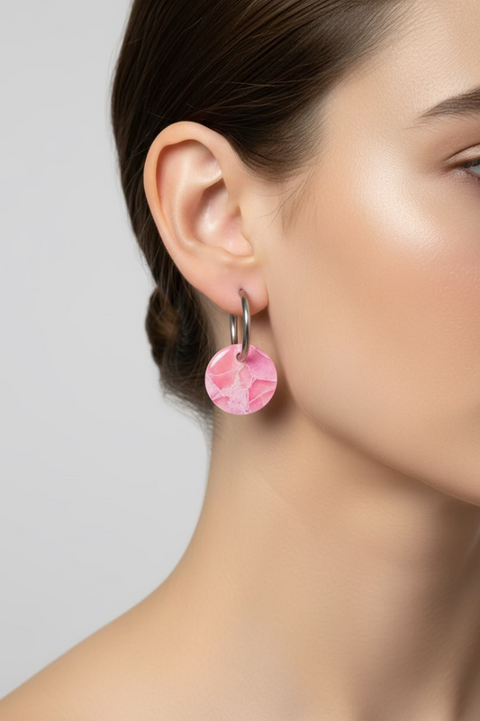 Rose Quartz Discs on Round Silver Huggies
