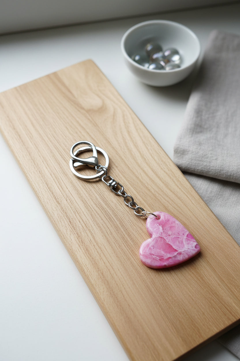 A pink heart-shaped stone keychain with a silver metal split ring and chain, resting on a white surface with a strong shadow.