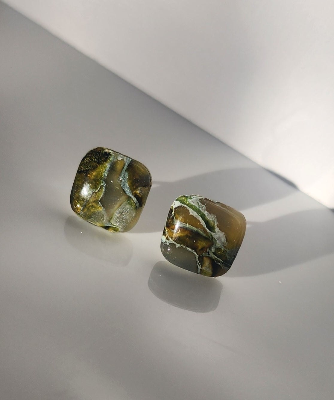 Olive Green Faux Stone Square Studs