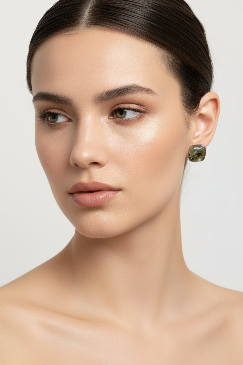 Olive Green Faux Stone Square Studs